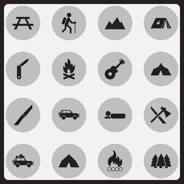 Conjunto de 16 iconos de camping editables. Incluye símbolos como Blaze, Peak, Bedroll y más. Puede ser utilizado para el diseño de la tela, móvil, interfaz de usuario e infografía . — Archivo Imágenes Vectoriales