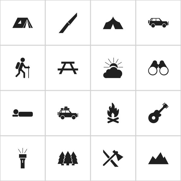 Set Of 16 Editable Travel Icons. Includes Symbols Such As Knife, Bedroll, Field Glasses And More. Can Be Used For Web, Mobile, UI And Infographic Design.