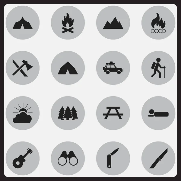 Conjunto de 16 iconos de viaje editables. Incluye símbolos como Blaze, Instrumento Musical, Broche-Cuchillo y más. Puede ser utilizado para el diseño de la tela, móvil, interfaz de usuario e infografía . — Archivo Imágenes Vectoriales