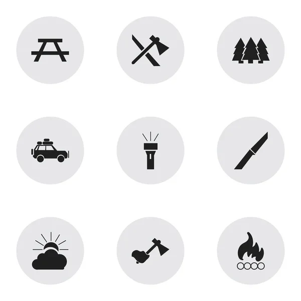 Set de 9 iconos de viaje editables. Incluye símbolos como el hacha, el pino, el coche de viaje y más. Puede ser utilizado para el diseño de la tela, móvil, interfaz de usuario e infografía . — Archivo Imágenes Vectoriales