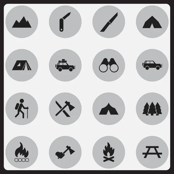 Zestaw 16 ikon można edytować podróży. Zawiera symbole, takie jak zapięcie nóż, schronienie, Sport pojazd i więcej. Mogą być używane dla sieci Web, mobilnych, interfejsu użytkownika i Infographic Design. — Wektor stockowy