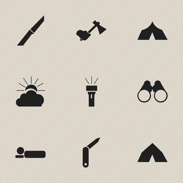 Set von 9 editierbaren Campingsymbolen. beinhaltet Symbole wie Zuflucht, Laterne, Sonnenaufgang und mehr. kann für Web-, Mobil-, UI- und Infografik-Design verwendet werden. — Stockvektor