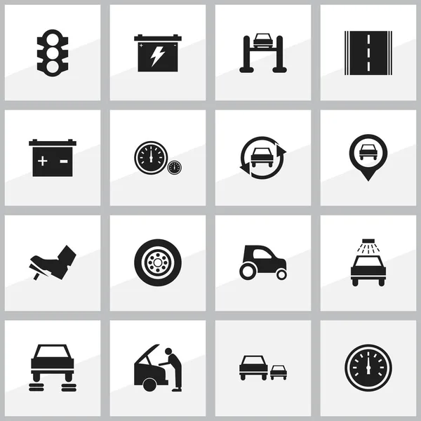 Set van 16 bewerkbare verkeer iconen. Bevat symbolen zoals Auto reparatie, Auto Service, pedaal en meer. Kan worden gebruikt voor Web, Mobile, Ui en Infographic Design. — Stockvector