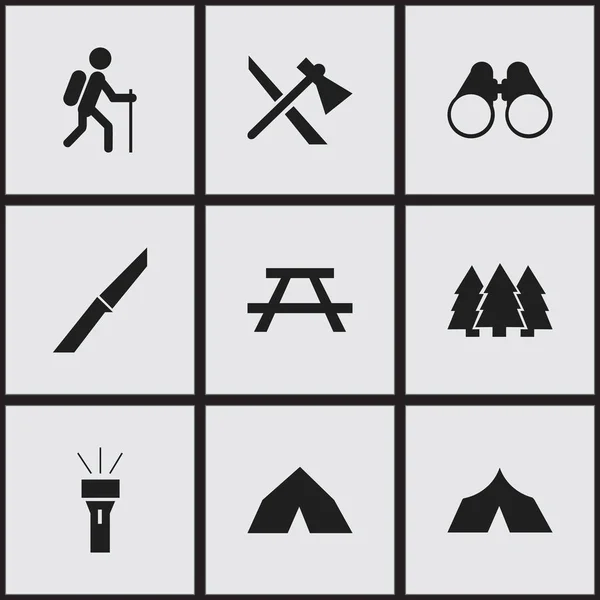 Ensemble de 9 icônes de voyage modifiables. Comprend des symboles tels que le pin, refuge, tipi et plus. Peut être utilisé pour le Web, mobile, interface utilisateur et infographie . — Image vectorielle