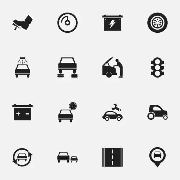 Conjunto de 16 iconos de vehículos editables. Incluye símbolos tales como automóvil, roscado, coche del vehículo y más. Puede ser utilizado para el diseño de la tela, móvil, interfaz de usuario e infografía . — Vector de stock