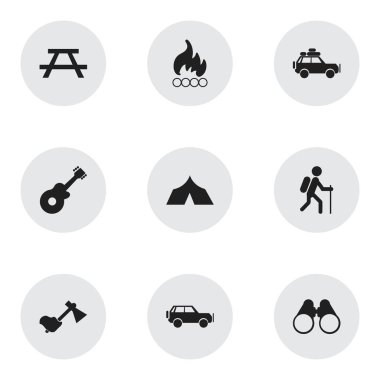 9 düzenlenebilir seyahat simgeler kümesi. Yürüyüş, alan gözlük, Ax ve daha fazlası gibi simgeler içerir. Web, mobil, UI ve Infographic tasarımı için kullanılabilir.