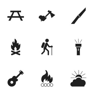 9 düzenlenebilir kamp simgeler kümesi. Sunrise, ateş, Resepsiyon ve daha fazla gibi simgeler içerir. Web, mobil, UI ve Infographic tasarımı için kullanılabilir.