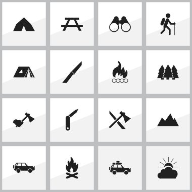 16 düzenlenebilir seyahat simgeler kümesi. Ateş, yürüyüş, Resepsiyon ve daha fazlası gibi simgeler içerir. Web, mobil, UI ve Infographic tasarımı için kullanılabilir.