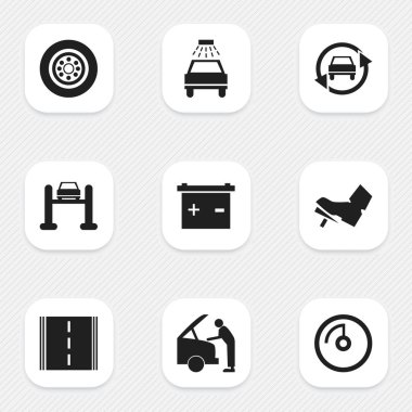 9 düzenlenebilir taşıma simgeler kümesi. Sabitleme, otomatik, karayolu ve diğer Tuning araba gibi simgeler içerir. Web, mobil, UI ve Infographic tasarımı için kullanılabilir.