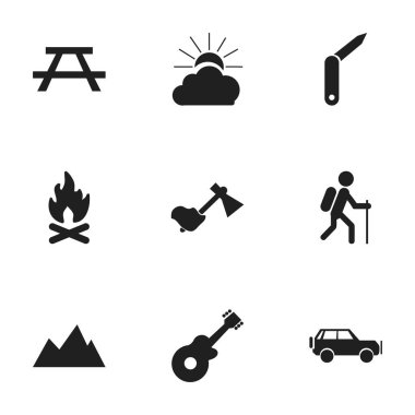 9 düzenlenebilir seyahat simgeler kümesi. Müzik aleti, Ax, yürüyüş ve daha fazlası gibi simgeler içerir. Web, mobil, UI ve Infographic tasarımı için kullanılabilir.