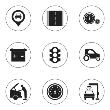 9 düzenlenebilir araba simgeler kümesi. Trafik ışığı, işaretçi, otoyol ve daha fazlası gibi simgeler içerir. Web, mobil, UI ve Infographic tasarımı için kullanılabilir.