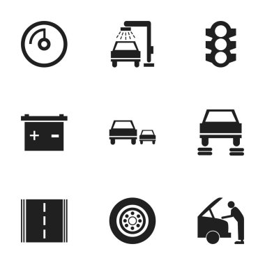 9 düzenlenebilir araba simgeler kümesi. Araba tamir, trafik ışığı, yarış ve daha fazlası gibi simgeler içerir. Web, mobil, UI ve Infographic tasarımı için kullanılabilir.