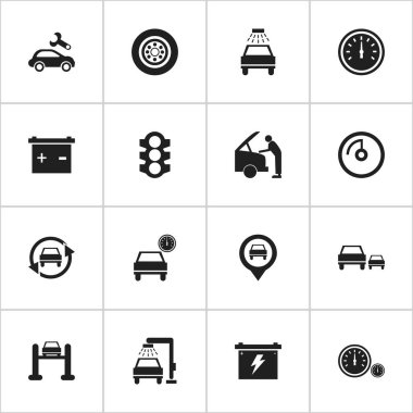 16 düzenlenebilir araba simgeler kümesi. Hız ekran, işaretçi, akü ve daha fazla gibi simgeler içerir. Web, mobil, UI ve Infographic tasarımı için kullanılabilir.