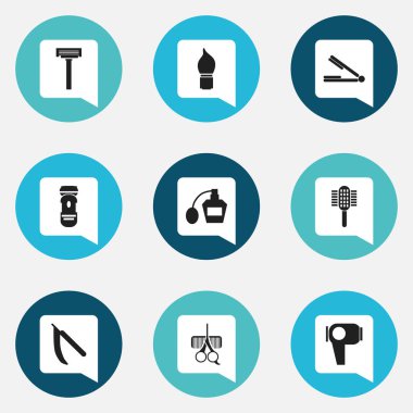 9 düzenlenebilir Kuaför simgeler kümesi. Saç kurutma makinesi, şarj cihazı, saç almak gibi simgeler içerir kurutucu ve daha fazlası. Web, mobil, UI ve Infographic tasarımı için kullanılabilir.