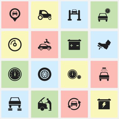 16 düzenlenebilir araç simgeler kümesi. Hız göstergesi, otomatik, işaretçi ve daha fazla ayarlama gibi simgeler içerir. Web, mobil, UI ve Infographic tasarımı için kullanılabilir.