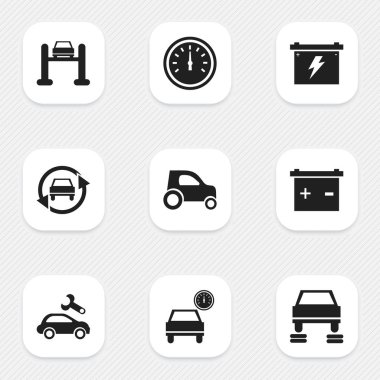 9 düzenlenebilir taşıma simgeler kümesi. Oto tamir, otomotiv düzeltme, ayarlama otomatik ve daha fazlası gibi simgeler içerir. Web, mobil, UI ve Infographic tasarımı için kullanılabilir.