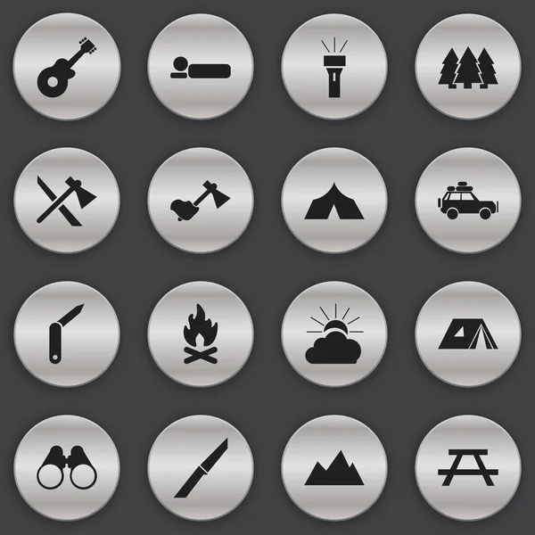 Conjunto de 16 iconos de viaje editables. Incluye símbolos como escritorio, fiebre, instrumento musical y más. Puede ser utilizado para el diseño de la tela, móvil, interfaz de usuario e infografía . — Archivo Imágenes Vectoriales