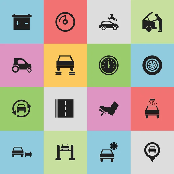 Набор из 16 настольных автомобильных иконок. Includes Symbols such as Pointer, Tire, Highway and More. Can be used for Web, Mobile, UI and Infographic Design . — стоковый вектор