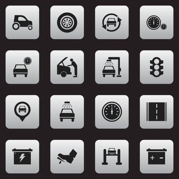 Satz von 16 editierbaren Verkehrssymbolen. beinhaltet Symbole wie Fahrzeugwaschanlage, Ampel, Geschwindigkeitskontrolle und vieles mehr. kann für Web-, Mobil-, UI- und Infografik-Design verwendet werden. — Stockvektor