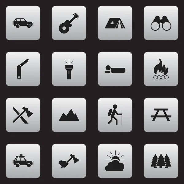 Conjunto de 16 iconos de camping editables. Incluye símbolos como el hacha, gafas de campo, linterna y más. Puede ser utilizado para el diseño de la tela, móvil, interfaz de usuario e infografía . — Archivo Imágenes Vectoriales
