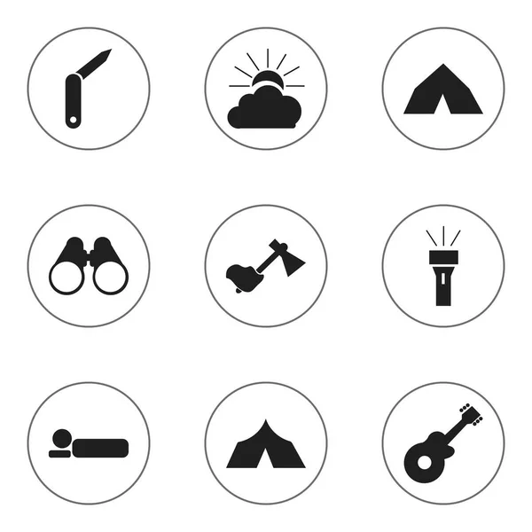 Set von 9 editierbaren Reise-Symbolen. beinhaltet Symbole wie Sonnenaufgang, Zuflucht, Fels und mehr. kann für Web-, Mobil-, UI- und Infografik-Design verwendet werden. — Stockvektor