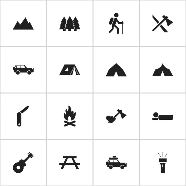 Set di 16 icone da campeggio modificabili. Include simboli come Bedroll, Ax, Pino e altro ancora. Può essere utilizzato per la progettazione web, mobile, UI e infografica . — Vettoriale Stock