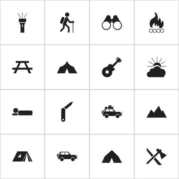 Satz von 16 editierbaren Reise-Symbolen. beinhaltet Symbole wie Reisewagen, Klammermesser, Beton und mehr. kann für Web-, Mobil-, UI- und Infografik-Design verwendet werden. — Stockvektor