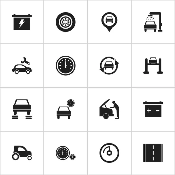 Satz von 16 editierbaren Fahrzeug-Symbolen. beinhaltet Symbole wie Akku, Zeiger, Geschwindigkeitsanzeige und mehr. kann für Web-, Mobil-, UI- und Infografik-Design verwendet werden. — Stockvektor