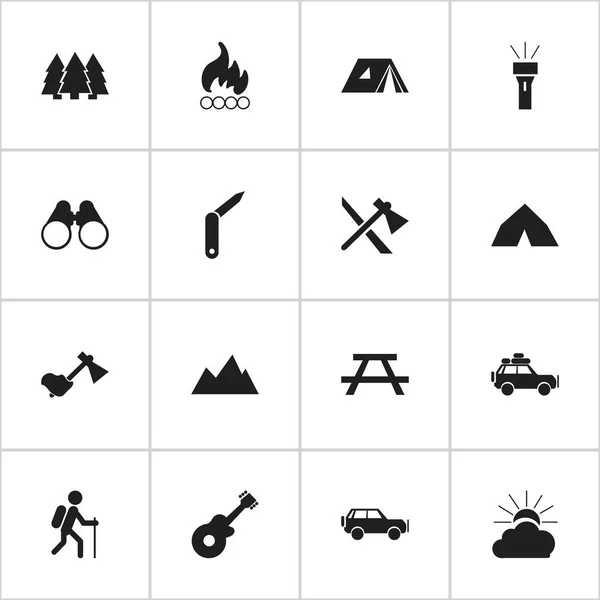 Satz von 16 editierbaren Reisesymbolen. beinhaltet Symbole wie Feldgläser, Klammermesser, Kiefer und mehr. kann für Web-, Mobil-, UI- und Infografik-Design verwendet werden. — Stockvektor