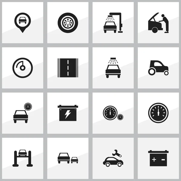 Set van 16 bewerkbare verkeer iconen. Bevat symbolen zoals batterij, auto, auto wassen en meer. Kan worden gebruikt voor Web, Mobile, Ui en Infographic Design. — Stockvector