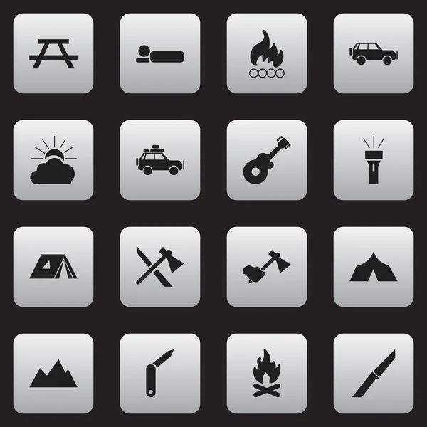 Conjunto de 16 iconos de viaje editables. Incluye símbolos como el corchete-cuchillo, Blaze, pico y más. Puede ser utilizado para el diseño de la tela, móvil, interfaz de usuario e infografía . — Archivo Imágenes Vectoriales