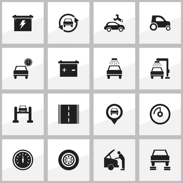 Set van 16 bewerkbare auto iconen. Bevat symbolen zoals Tuning Auto, accu, tot vaststelling van de auto en meer. Kan worden gebruikt voor Web, Mobile, Ui en Infographic Design. — Stockvector