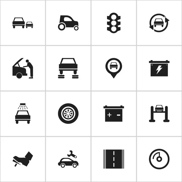 Satz von 16 editierbaren Auto-Symbolen. beinhaltet Symbole wie Batterie, Autobahn, Geschwindigkeitsanzeige und mehr. kann für Web-, Mobil-, UI- und Infografik-Design verwendet werden. — Stockvektor