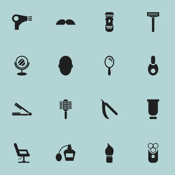 Set von 16 editierbaren Friseursymbolen. beinhaltet Symbole wie Schneidapparat, Fläschchen, Schnurrhaare und vieles mehr. kann für Web-, Mobil-, UI- und Infografik-Design verwendet werden. — Stockvektor