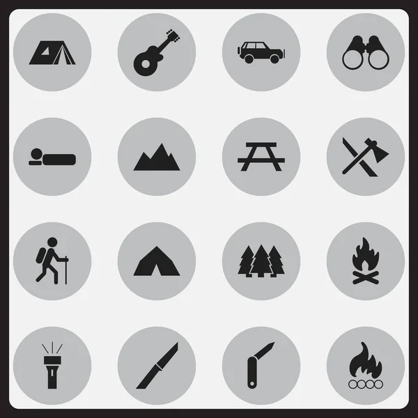 Conjunto de 16 iconos de viaje editables. Incluye símbolos tales como pico, corchete-cuchillo, escritorio y más. Puede ser utilizado para el diseño de la tela, móvil, interfaz de usuario e infografía . — Archivo Imágenes Vectoriales