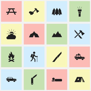 16 düzenlenebilir seyahat simgeler kümesi. Fener gibi simgeler sustalı bıçak, sırt yatağı ve daha fazlasını içerir. Web, mobil, UI ve Infographic tasarımı için kullanılabilir.