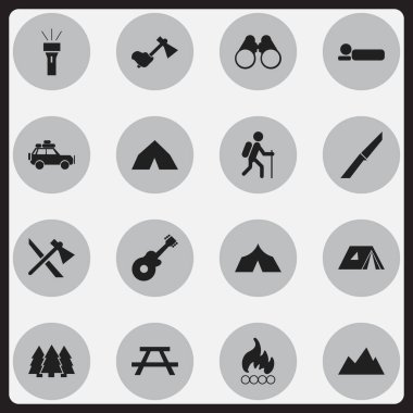 16 düzenlenebilir gezi simgeler kümesi. Barınak, çadır, alan gözlük ve daha fazlası gibi simgeler içerir. Web, mobil, UI ve Infographic tasarımı için kullanılabilir.