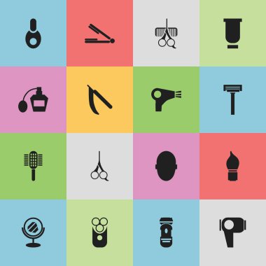 16 düzenlenebilir Kuaför simgeler kümesi. Tıraş, Desiccator, röntgenci ve daha fazlası gibi simgeler içerir. Web, mobil, UI ve Infographic tasarımı için kullanılabilir.