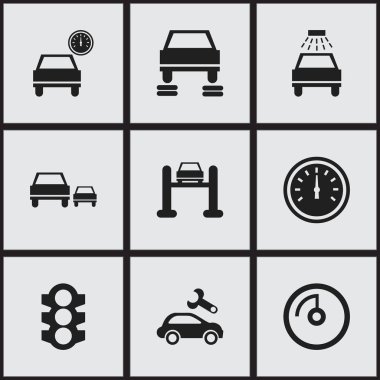9 düzenlenebilir araba simgeler kümesi. Trafik ışığı, hız kontrolü, hız ekran ve daha fazlası gibi simgeler içerir. Web, mobil, UI ve Infographic tasarımı için kullanılabilir.