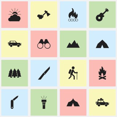 16 düzenlenebilir seyahat simgeler kümesi. Spor araç, çam, gün doğumu ve daha fazla gibi simgeler içerir. Web, mobil, UI ve Infographic tasarımı için kullanılabilir.