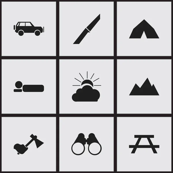Set Of 9 Editable Trip Icons. Includes Symbols Such As Desk, Knife, Bedroll And More. Can Be Used For Web, Mobile, UI And Infographic Design. — Stock Vector