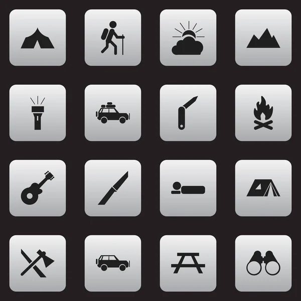 Set von 16 editierbaren Campingsymbolen. beinhaltet Symbole wie Fieber, Laterne, Zuflucht und mehr. kann für Web-, Mobil-, UI- und Infografik-Design verwendet werden. — Stockvektor
