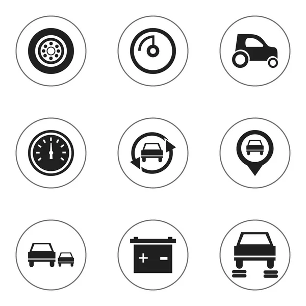 Set di 9 icone di trasporto modificabili. Include simboli come controllo della velocità, auto del veicolo, sintonia auto e altro ancora. Può essere utilizzato per la progettazione web, mobile, UI e infografica . — Vettoriale Stock