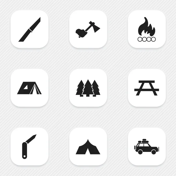 Набір з 9 піктограм для подорожей. Включає такі символи, як ніж, застібка-ніж, стіл та багато іншого. Може використовуватися для веб, мобільного, інтерфейсу та інфографіки . — стоковий вектор