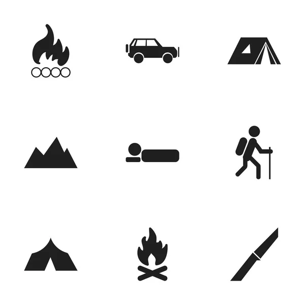 Conjunto de 9 Ícones de acampamento editáveis. Inclui símbolos como faca, refúgio, lençol e muito mais. Pode ser usado para Web, Mobile, UI e design infográfico . — Vetor de Stock