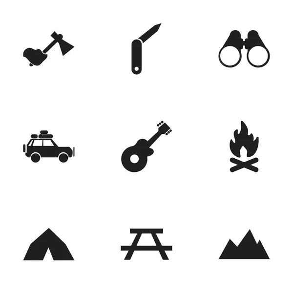 Conjunto de 9 ícones de viagem editáveis. Inclui símbolos como Tepee, óculos de campo, instrumento musical e muito mais. Pode ser usado para Web, Mobile, UI e design infográfico . — Vetor de Stock