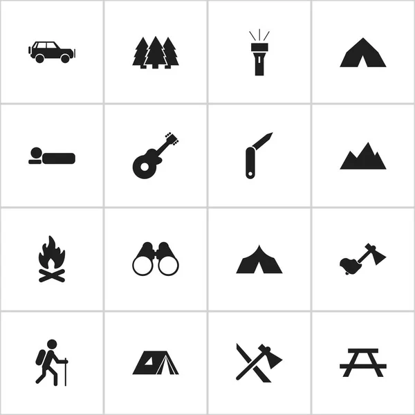 Ensemble de 16 icônes de voyage modifiables. Comprend des symboles tels que fermoir-couteau, bureau, rouleau de lit et plus. Peut être utilisé pour le Web, mobile, interface utilisateur et infographie . — Image vectorielle