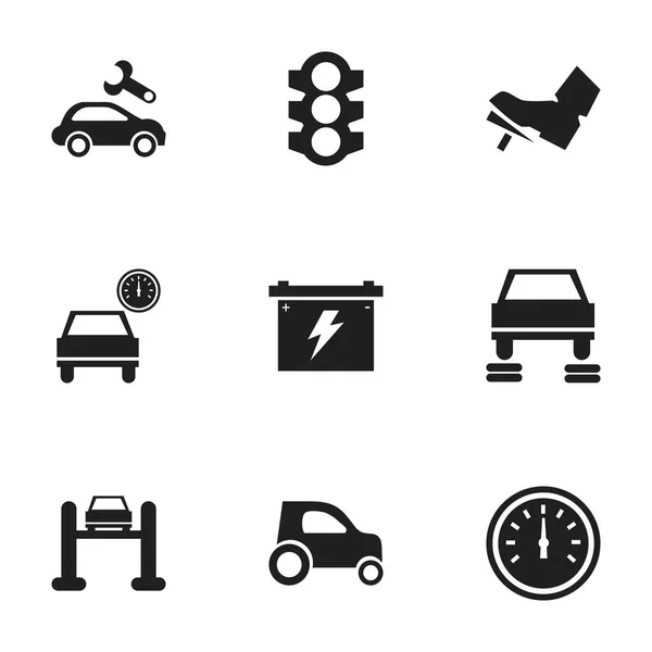Conjunto de 9 iconos de vehículos editables. Incluye símbolos como reparación de automóviles, semáforo, reparación automotriz y más. Puede ser utilizado para el diseño de la tela, móvil, interfaz de usuario e infografía . — Vector de stock