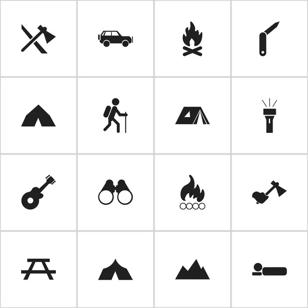 Set di 16 icone di viaggio modificabili. Include simboli come Tomahawk, Rifugio, Febbre e altro ancora. Può essere utilizzato per la progettazione web, mobile, UI e infografica . — Vettoriale Stock