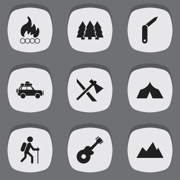 Set de 9 iconos de viaje editables. Incluye símbolos como pico, tomahawk, pino y más. Puede ser utilizado para el diseño de la tela, móvil, interfaz de usuario e infografía . — Vector de stock